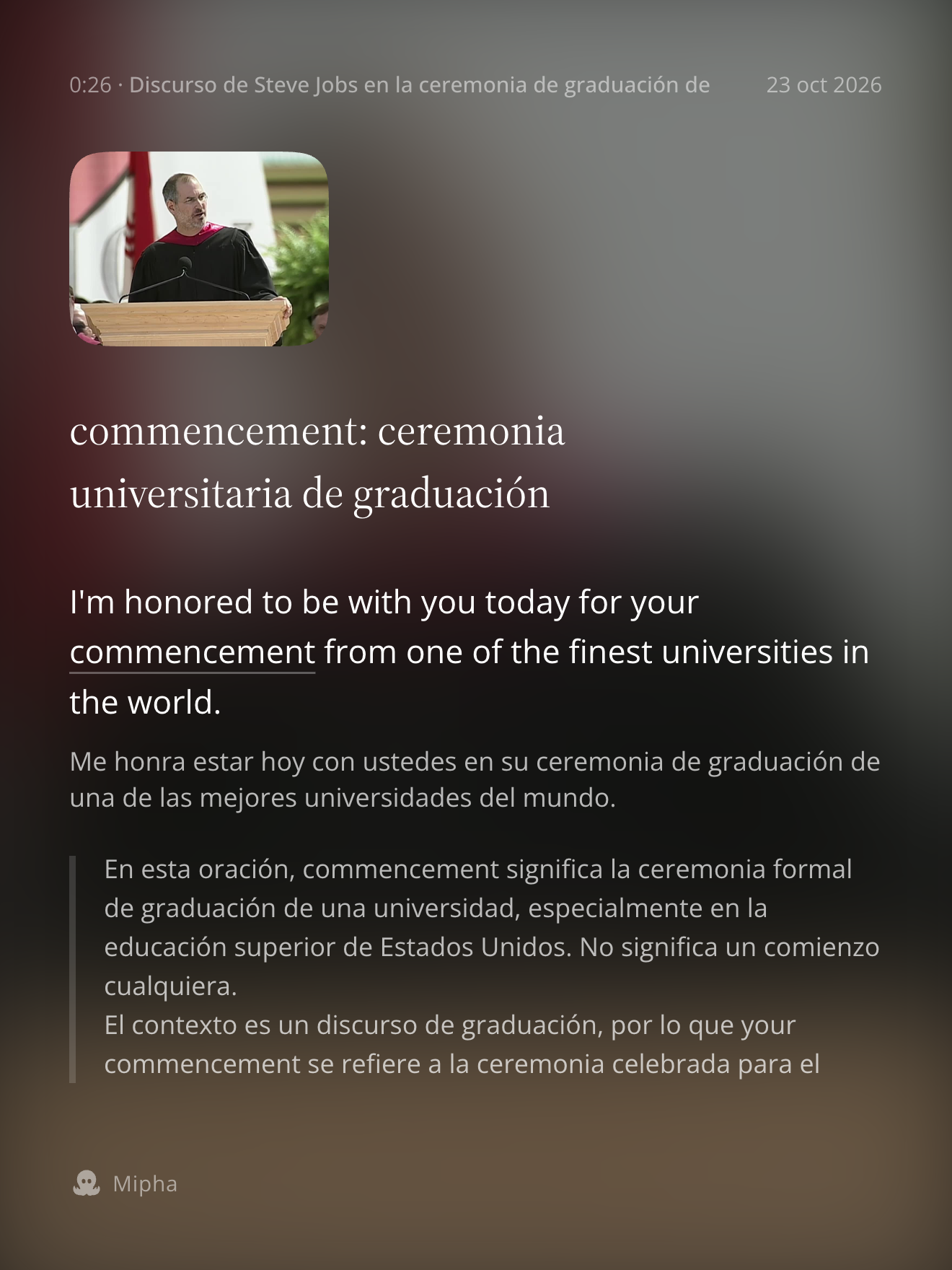 Tarjeta respuesta de una nota con la traducción y la explicación principal