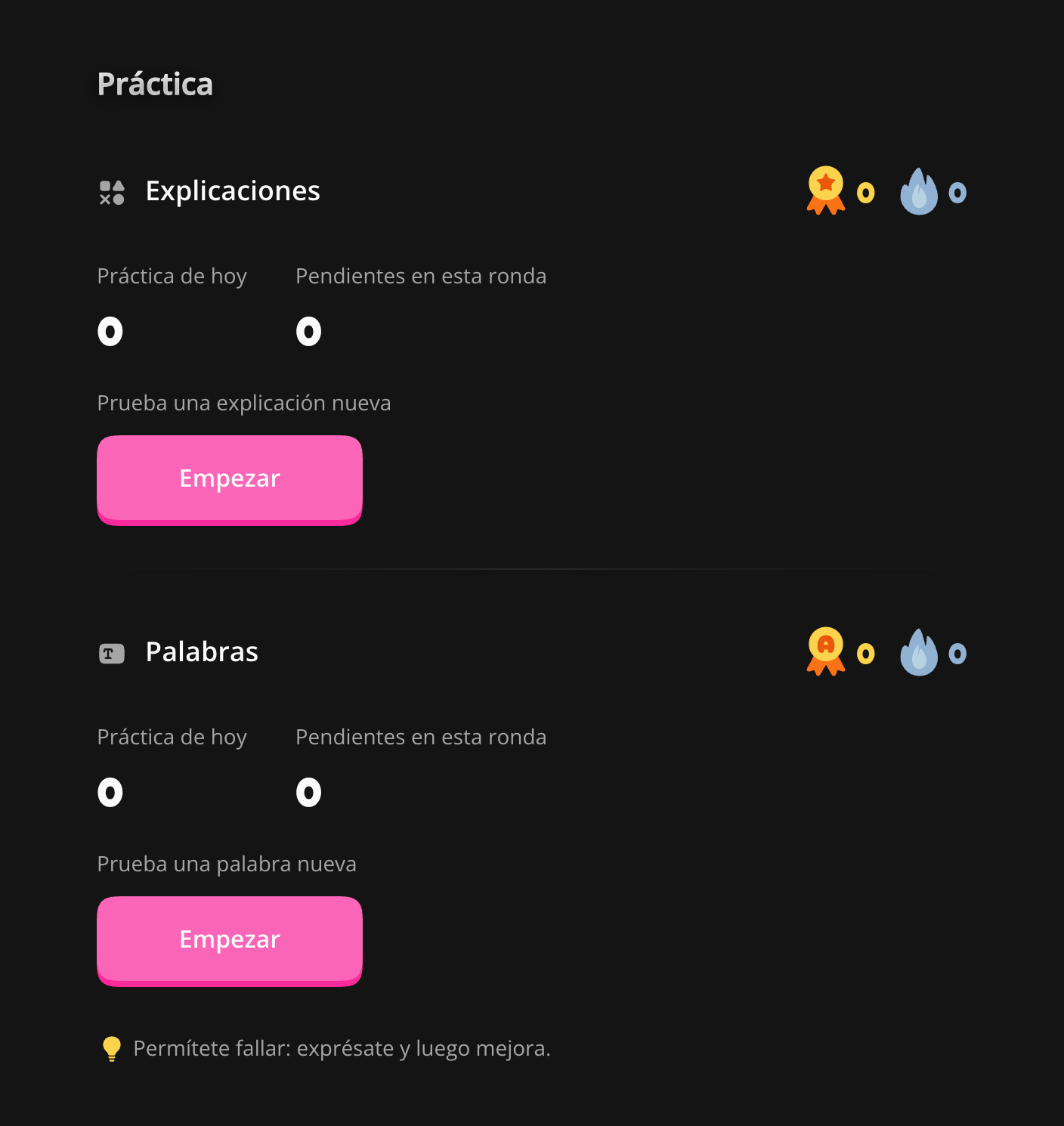 Resumen de práctica y acceso a palabras