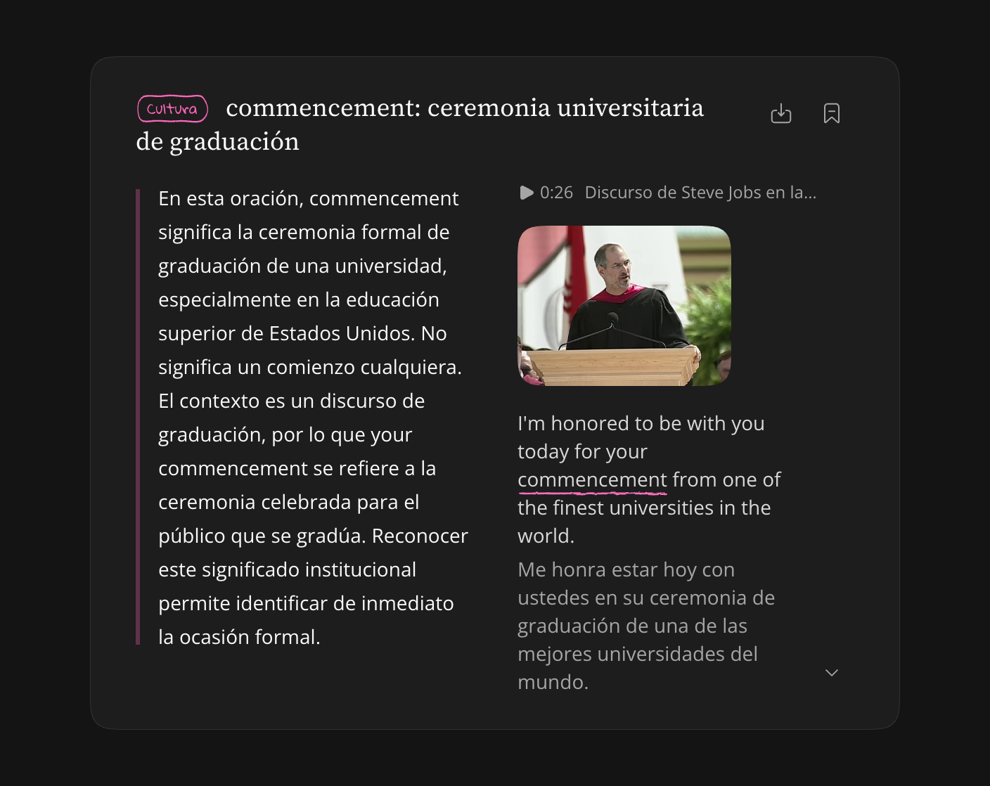 Nota guardada contraída, con la frase original y el resumen