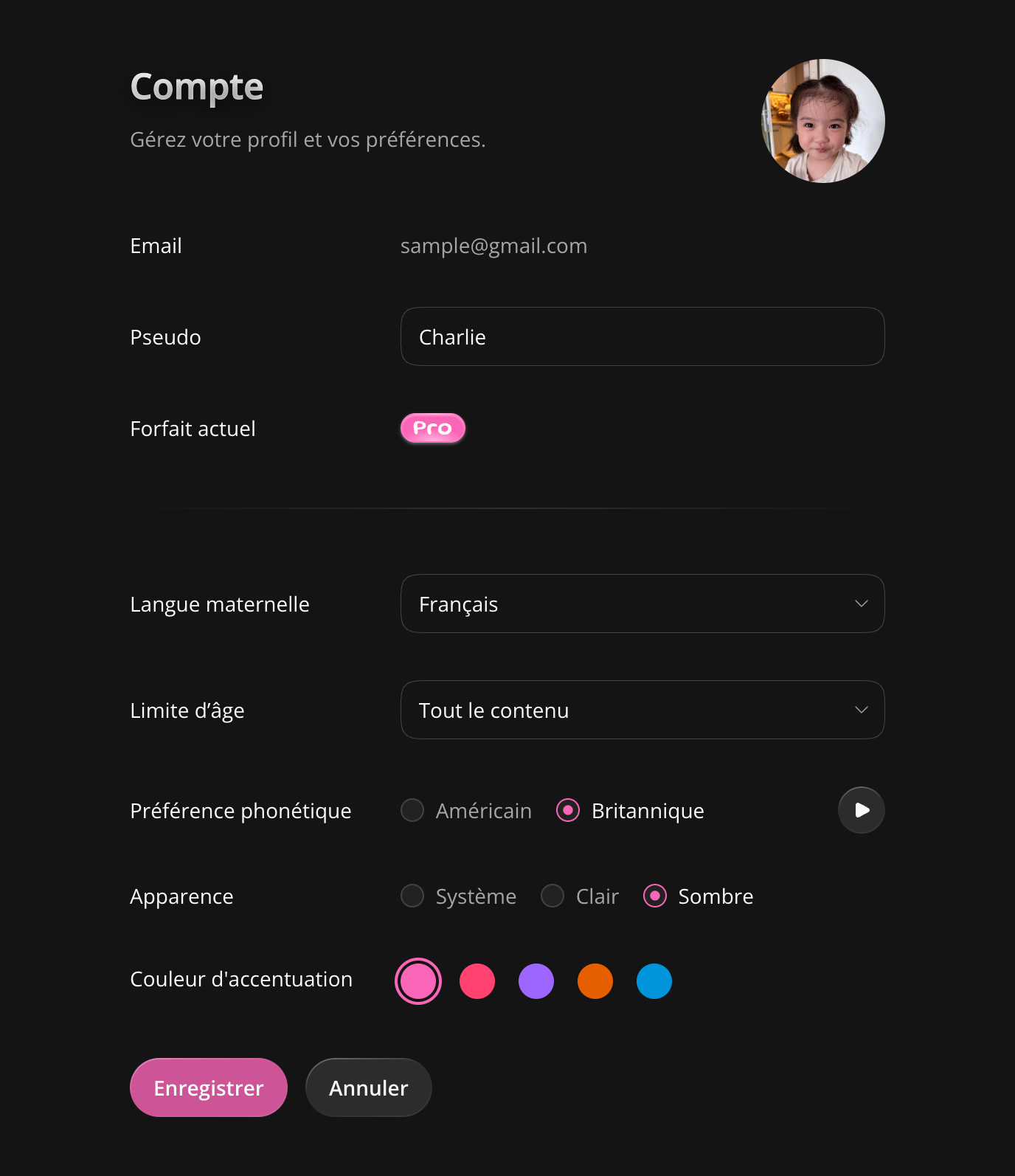 Réglages du compte et bouton d’enregistrement