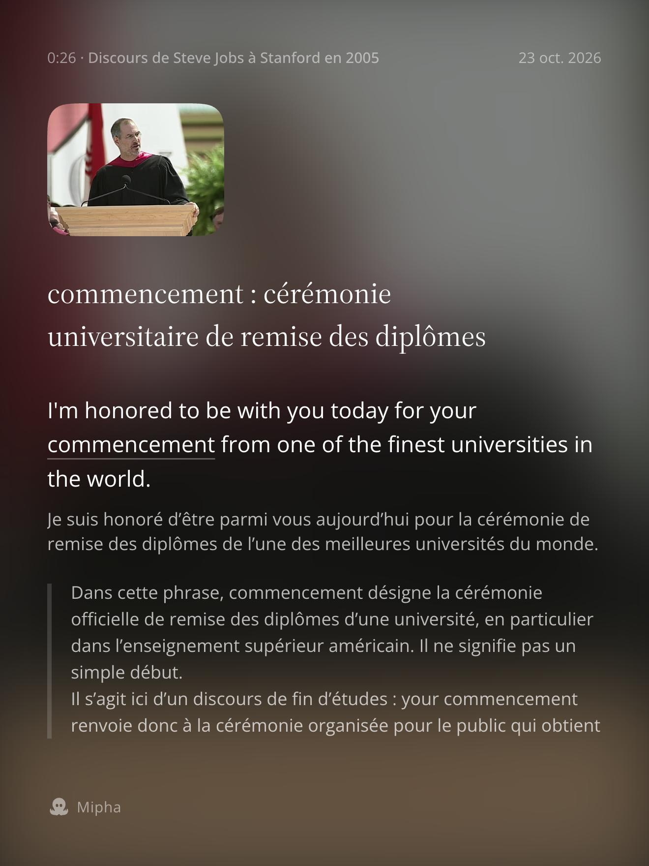 Carte réponse d’une note avec la traduction et les points essentiels