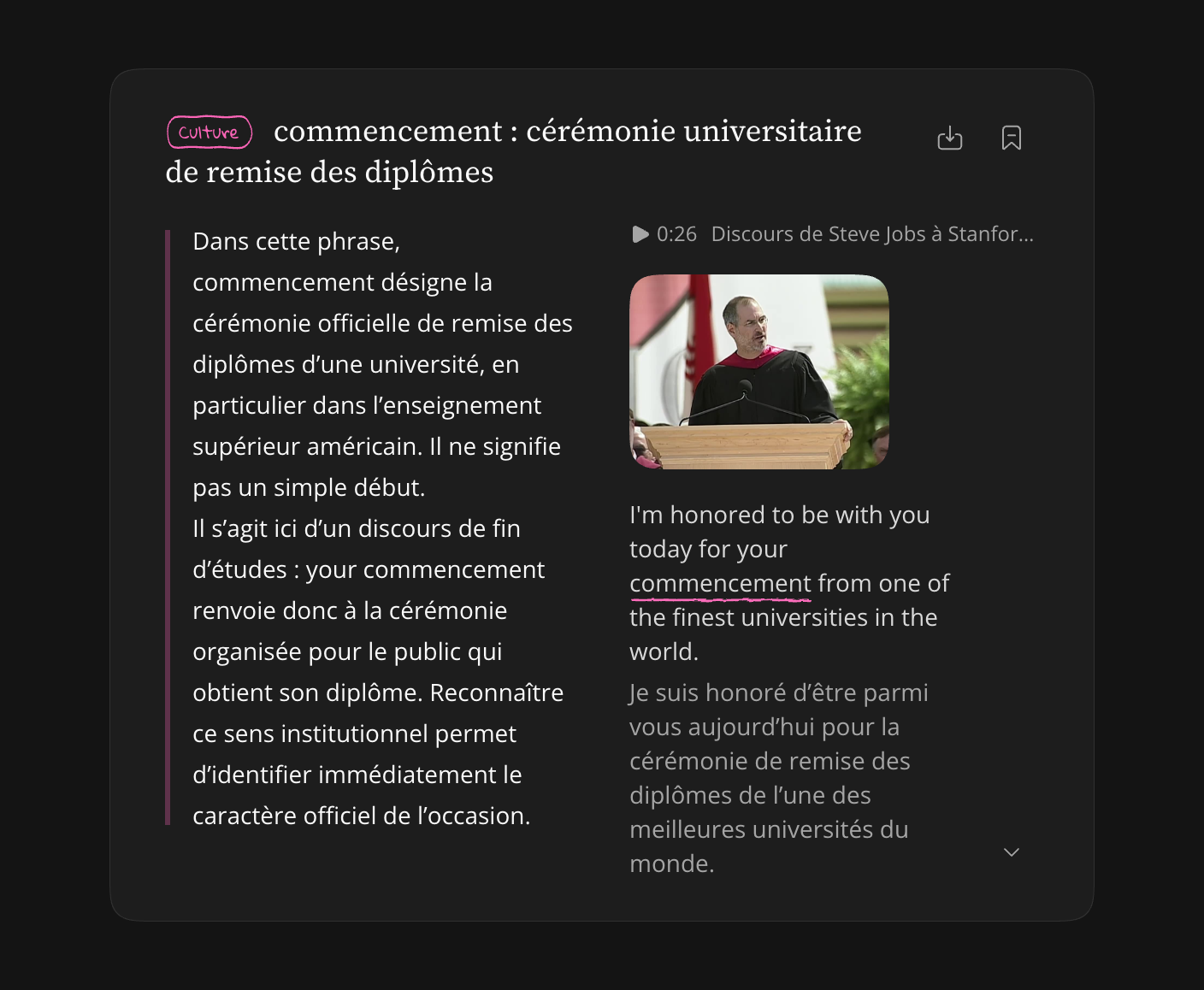 Note enregistrée repliée, avec la phrase d’origine et le résumé