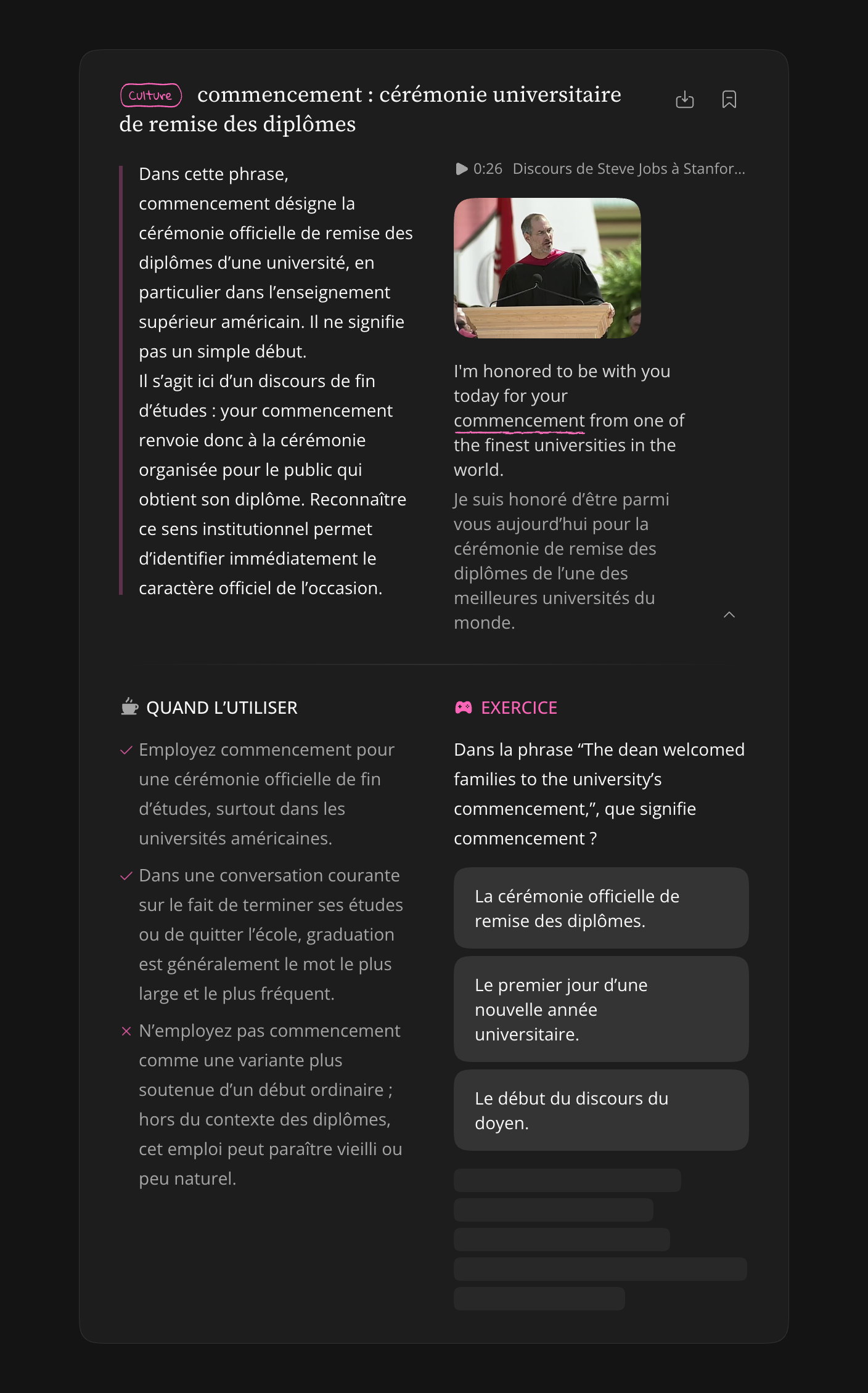 Note enregistrée dépliée, avec le contenu détaillé et les exercices