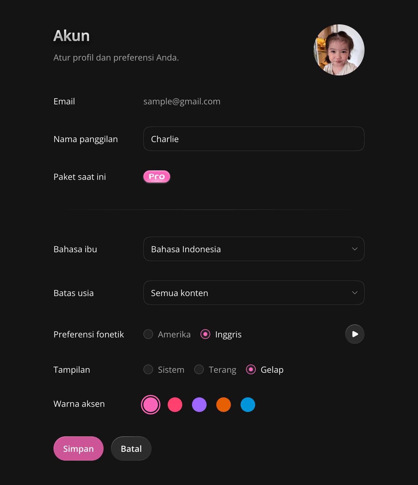 Pengaturan akun dan tombol Simpan
