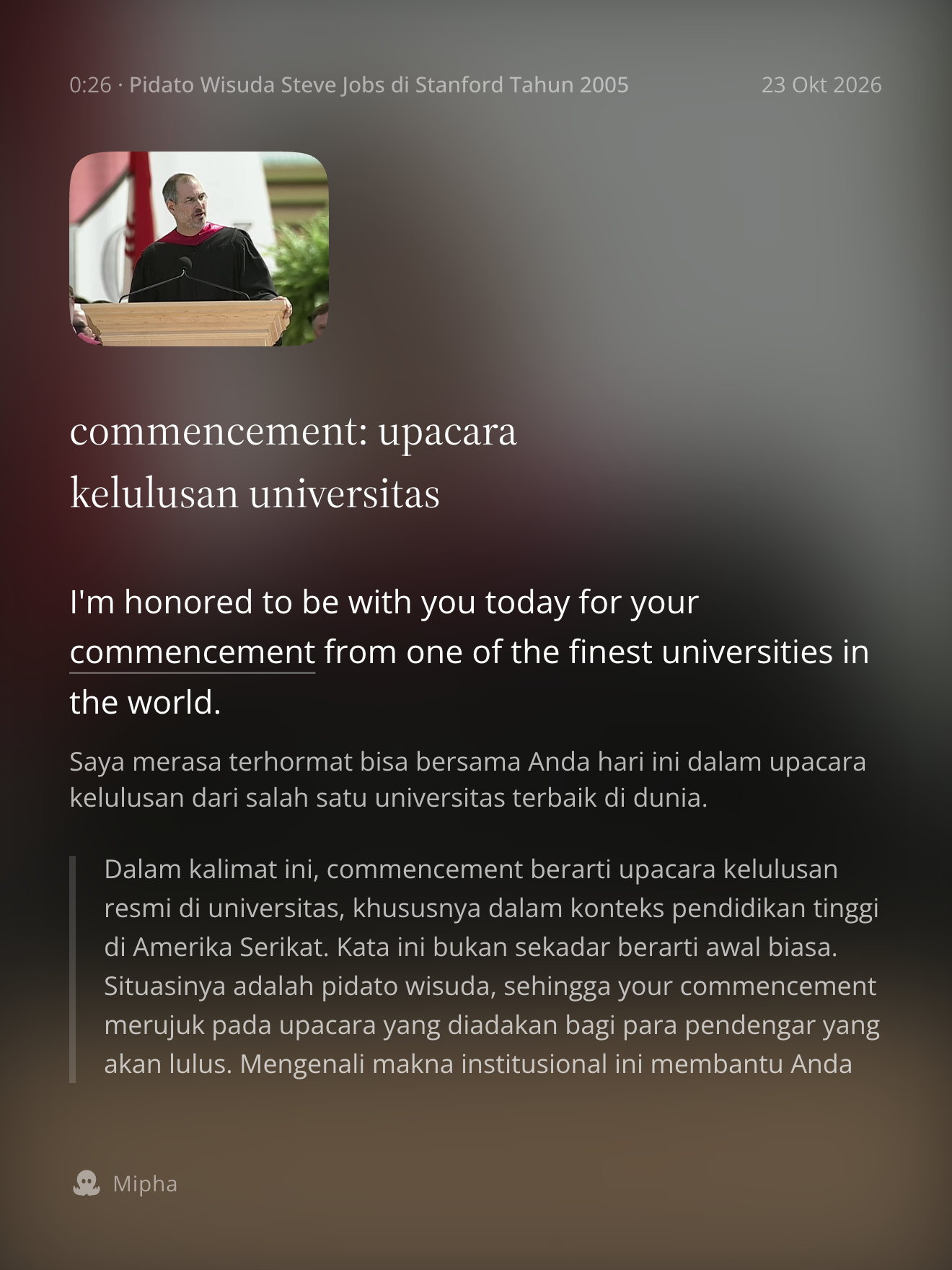Kartu jawaban catatan berisi terjemahan kalimat dan penjelasan utama