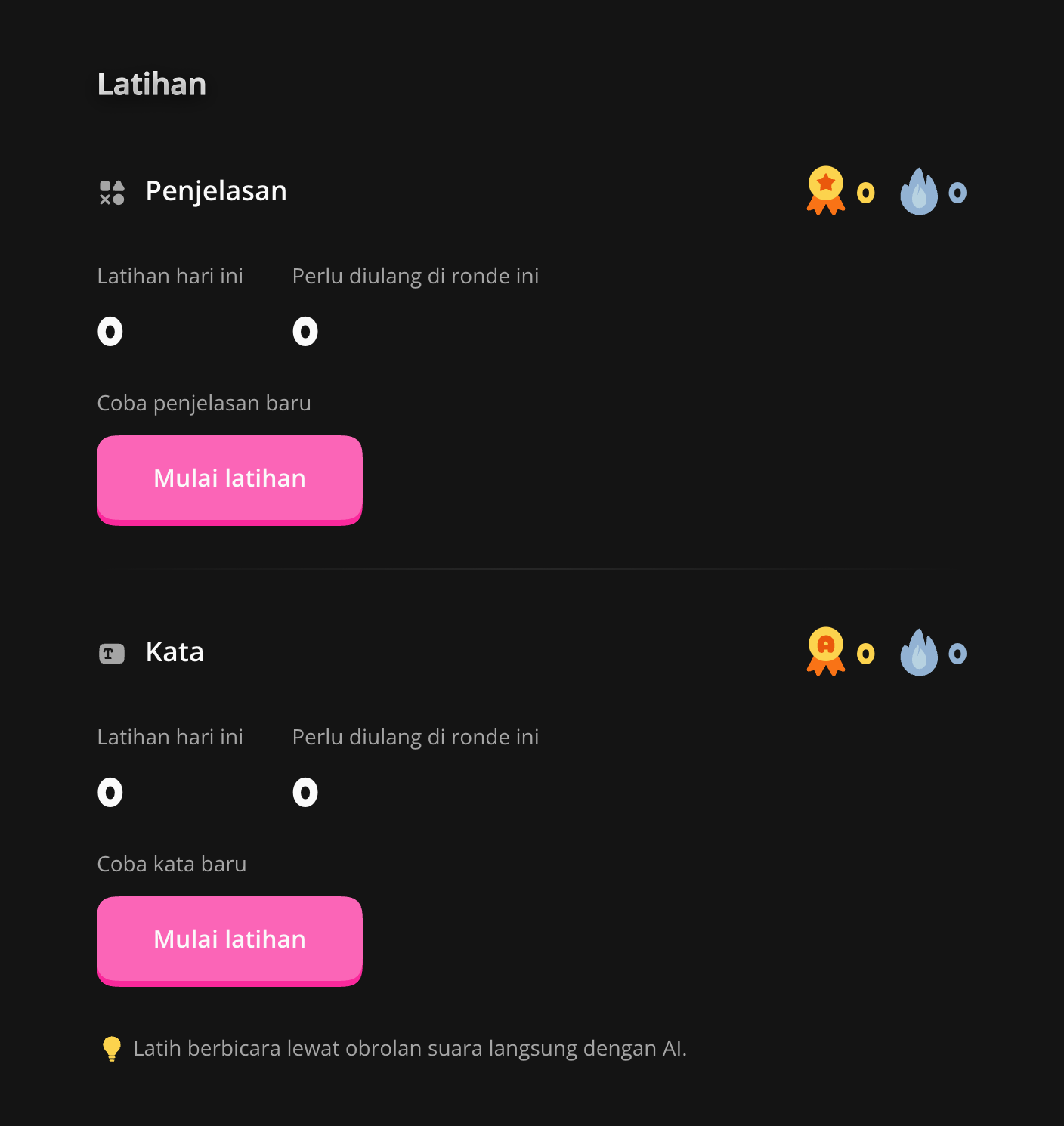 Ringkasan latihan dan akses latihan kata