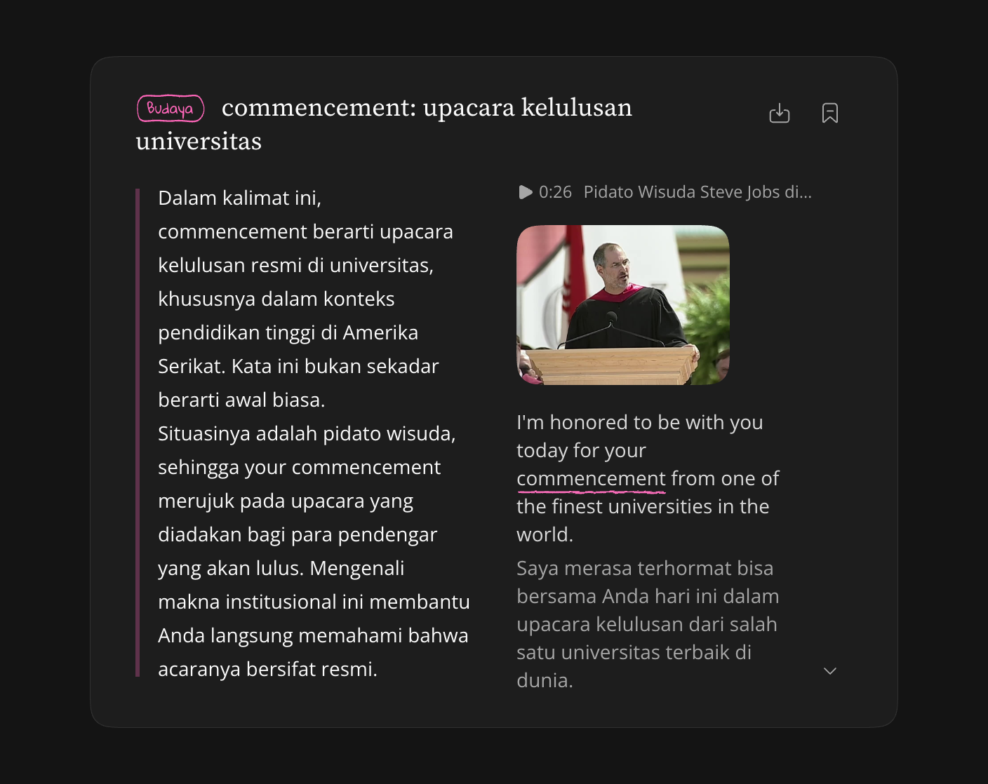 Catatan tersimpan yang ditutup, menampilkan kalimat asli dan ringkasan