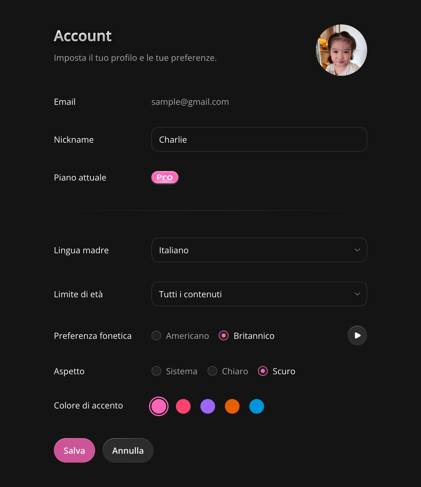 Impostazioni account e pulsante Salva