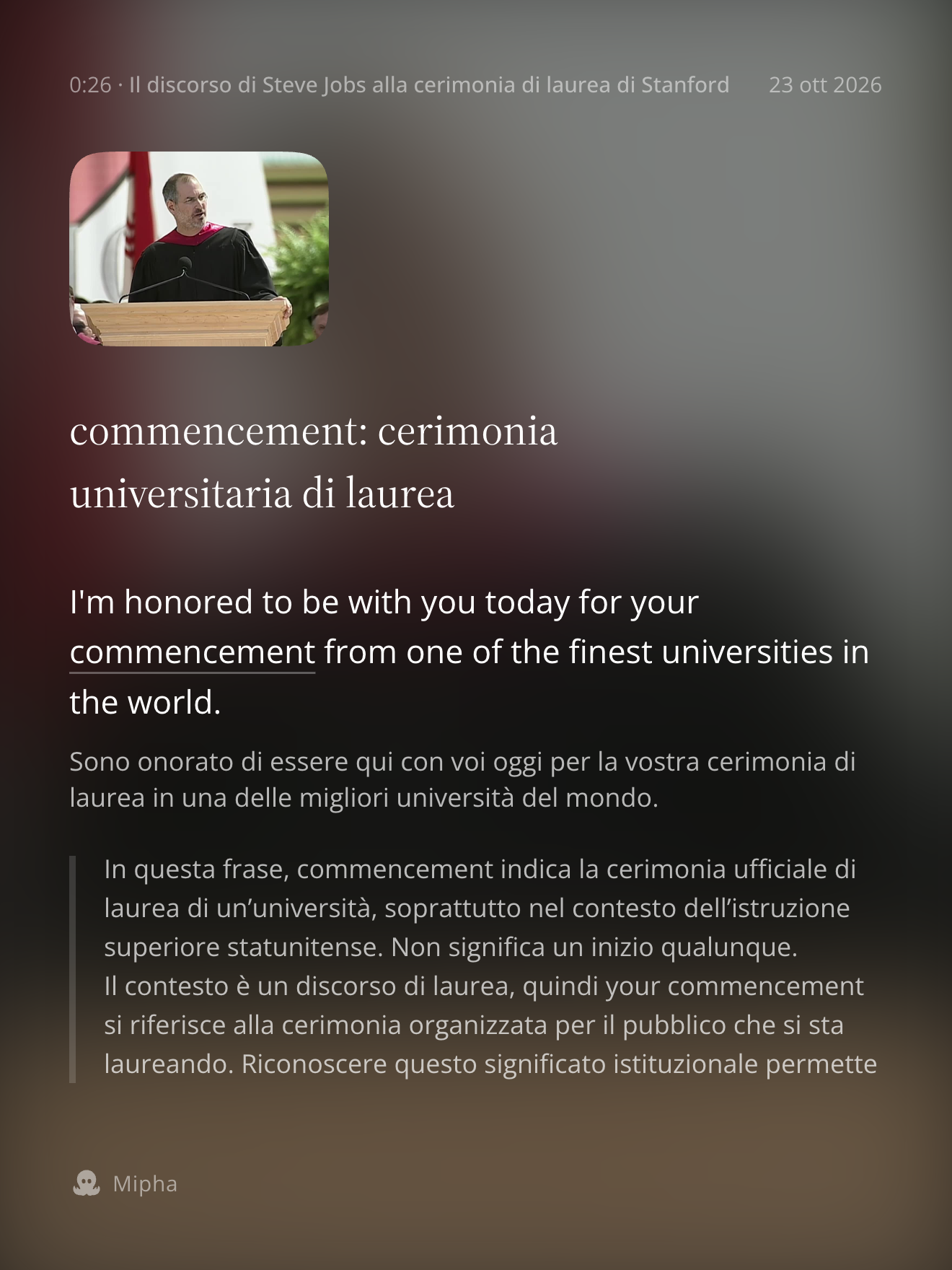 Scheda risposta di una nota con la traduzione e la spiegazione principale
