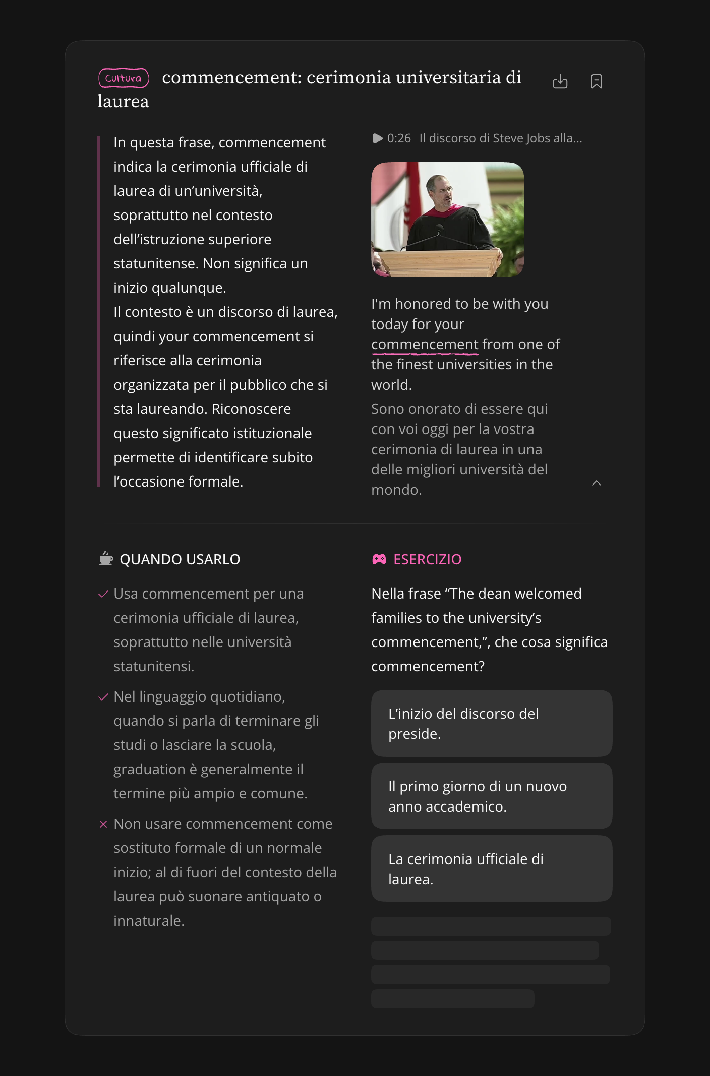 Nota salvata espansa, con il contenuto dettagliato e gli esercizi