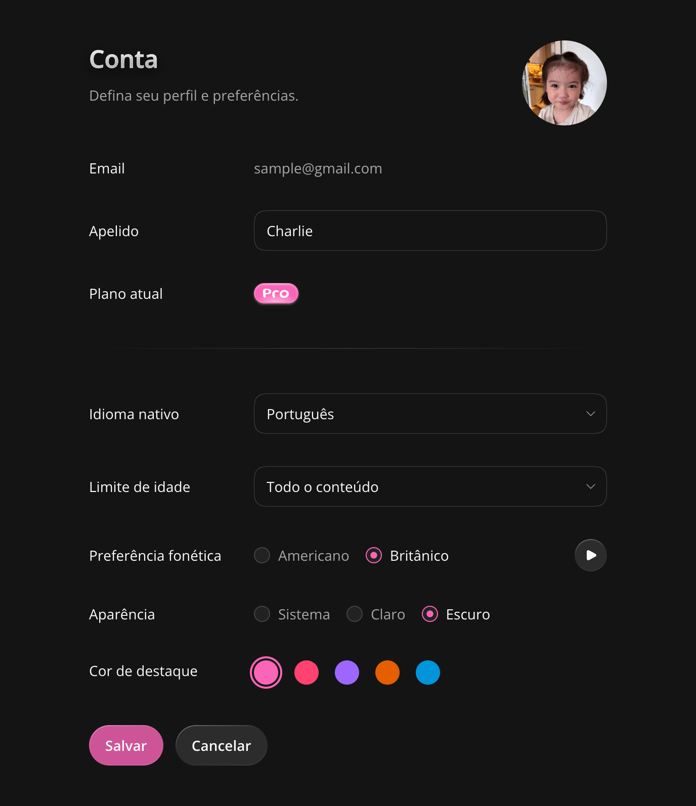 Configurações da conta e botão Salvar
