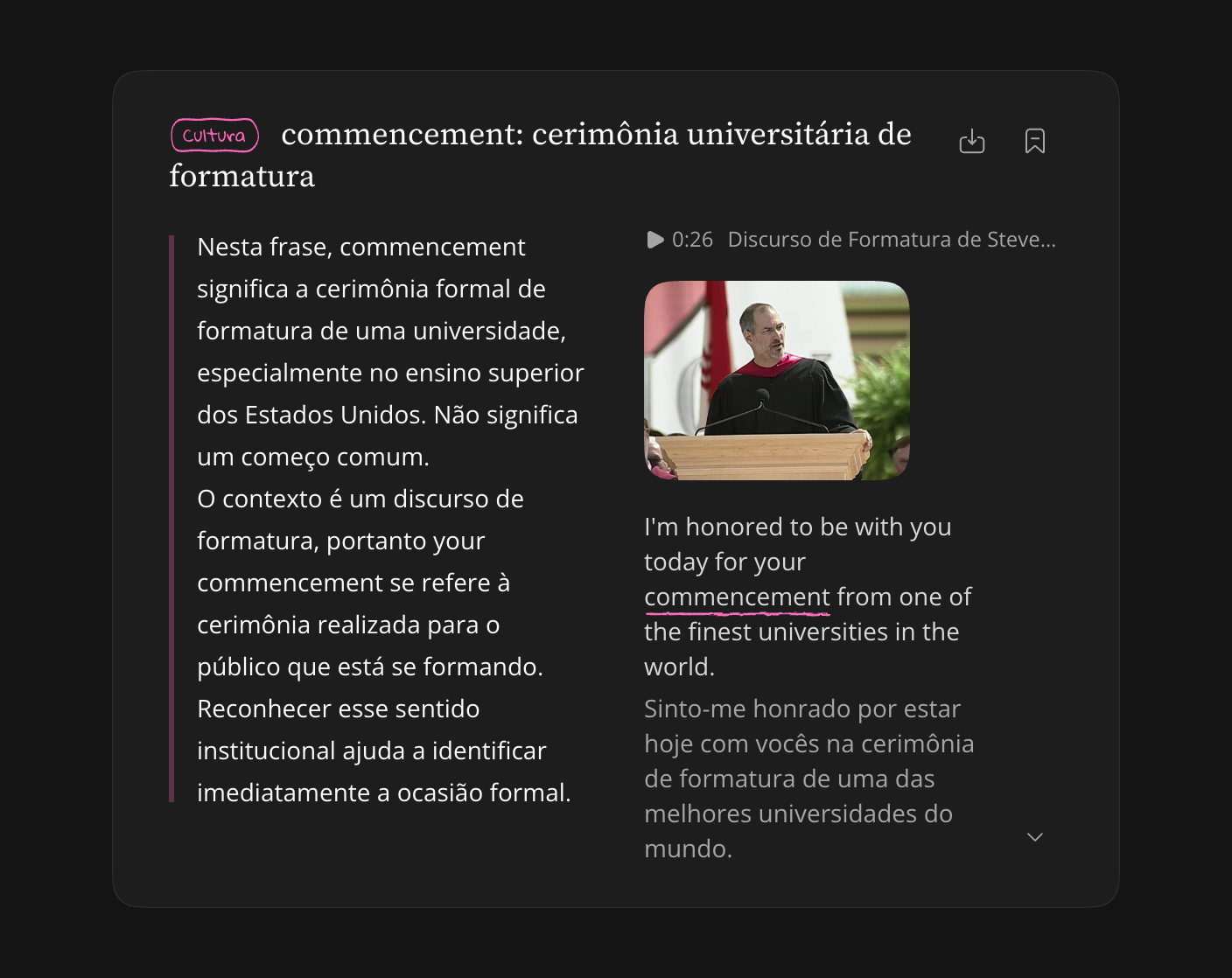 Nota salva recolhida, com a frase original e o resumo