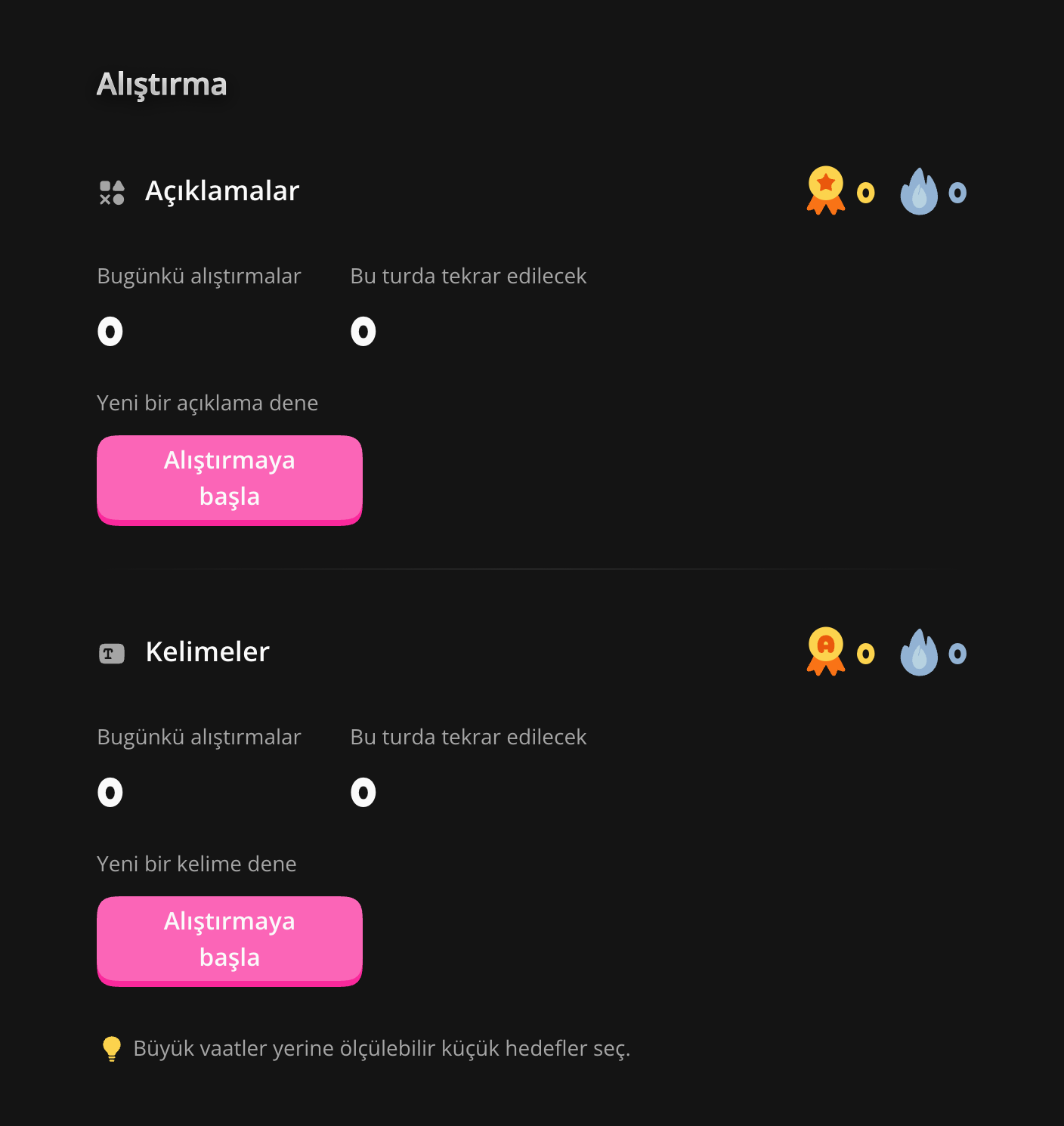 Alıştırma özeti ve kelime alıştırmalarına giriş