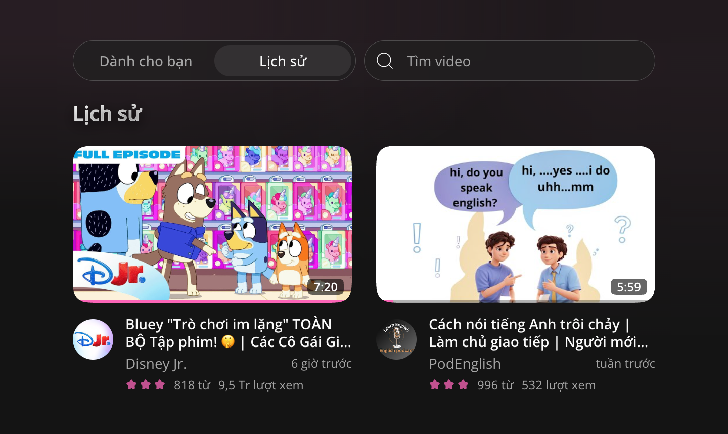 Lối vào lịch sử và tiến độ video